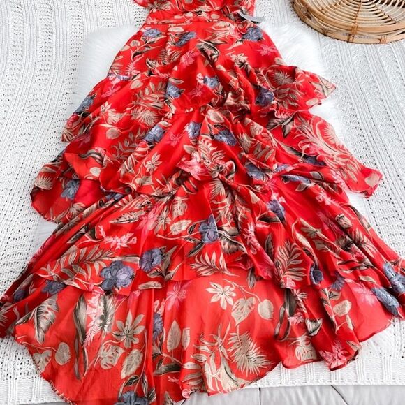 WAYF Chelsea Tiered Ruffle Maxi Dress Red Tropical Flutter Sleeves Floral NEW 1X - Picture 12 of 16